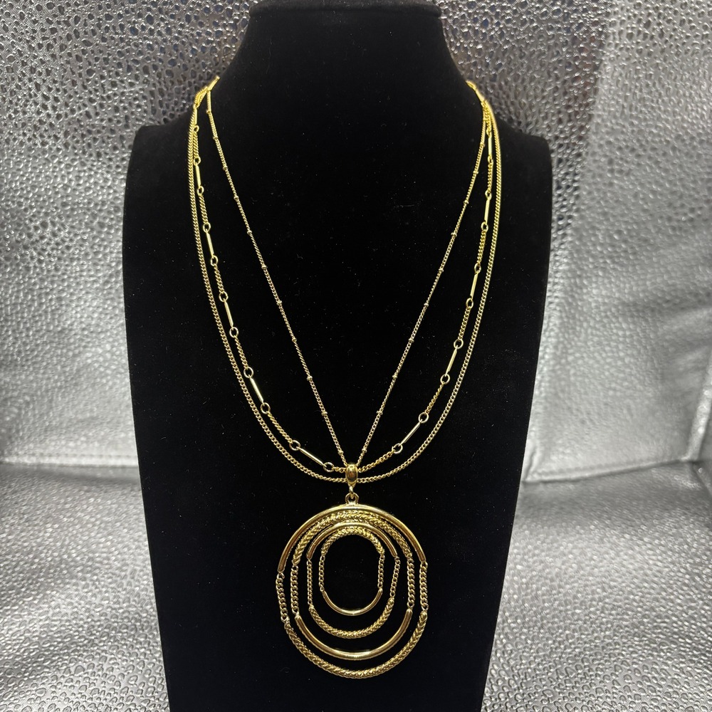 Apt. 9 Gold Tone Layered Multi Strand Necklace Large Tiered Oval Pendant 16 Inch